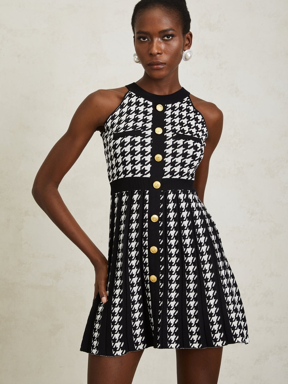 Miss Rosier Jacqueline Black Houndstooth Knit Mini Dress Pleated Size Medium NWT